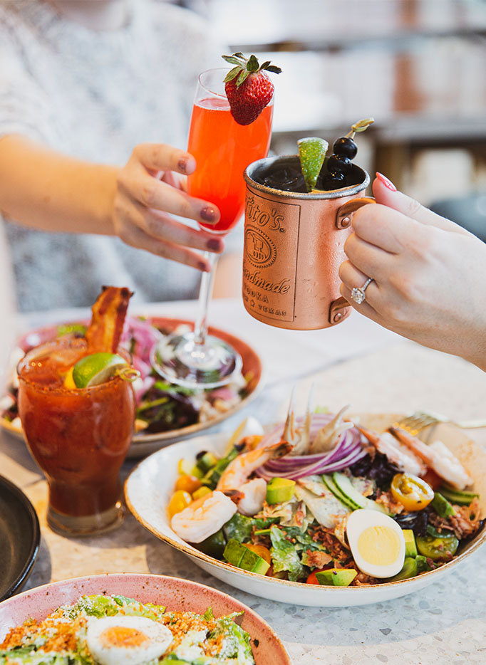 Enjoy our signature Seafood Cobb Salad, our TJ Caesar, or our fresh Beet Greek with a fresh strawberry mimosa, spicy Bloody Mary or a signature cocktail.